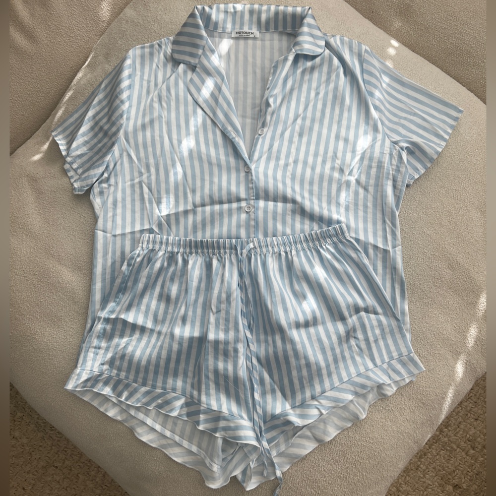Blue Striped Women's Satin Pj Set